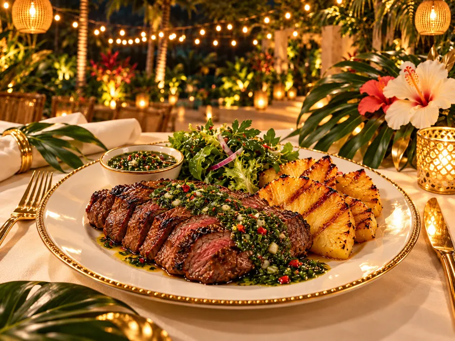 Churrasco de res con chimichurri, piña asada y mini ensalada